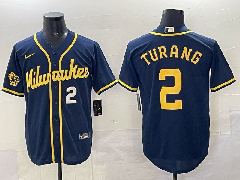 Men Milwaukee Brewers #2 Turang Drak Blue Nike MLB 2025 Jersey 03